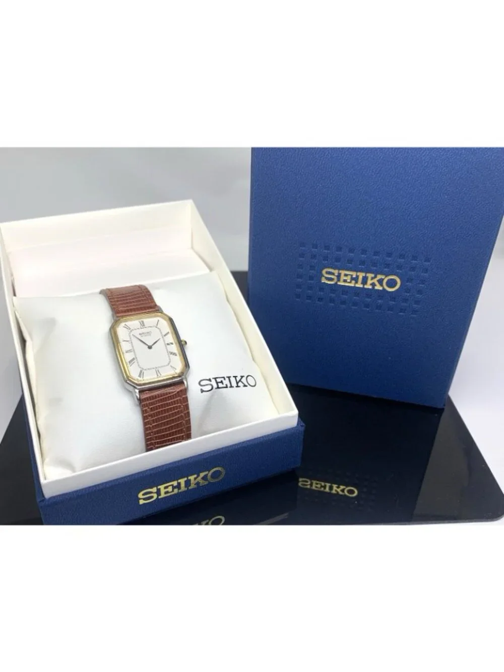 Seiko Watch 2320-6380 Quartz Tank Two Tone Case Brown Leather Strap 1981 25mm